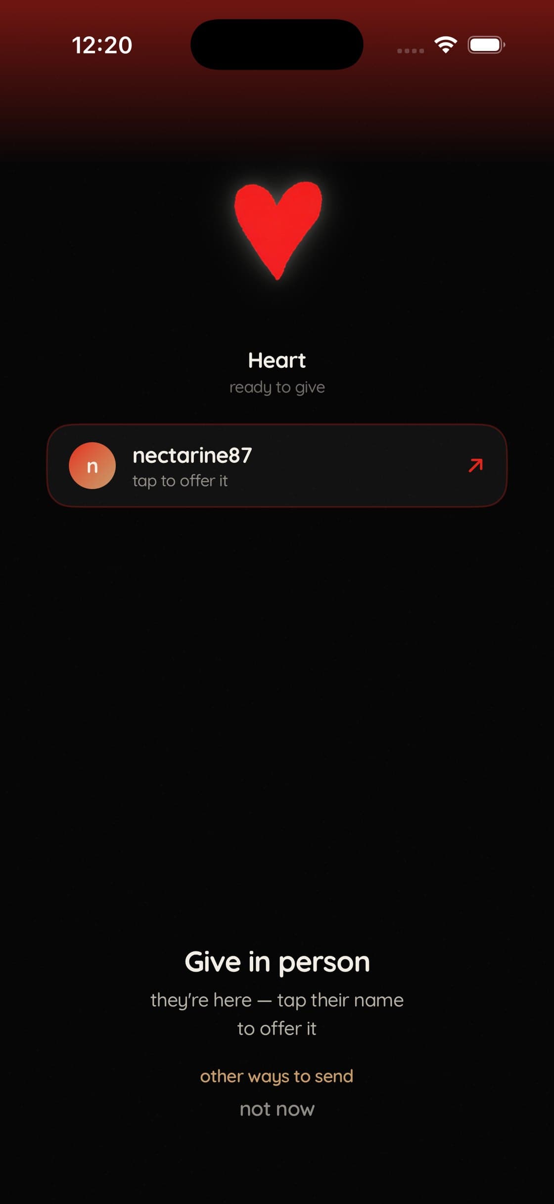 Their username appears the moment they're ready to receive. Tapping it offers the bijou — it doesn't send it.