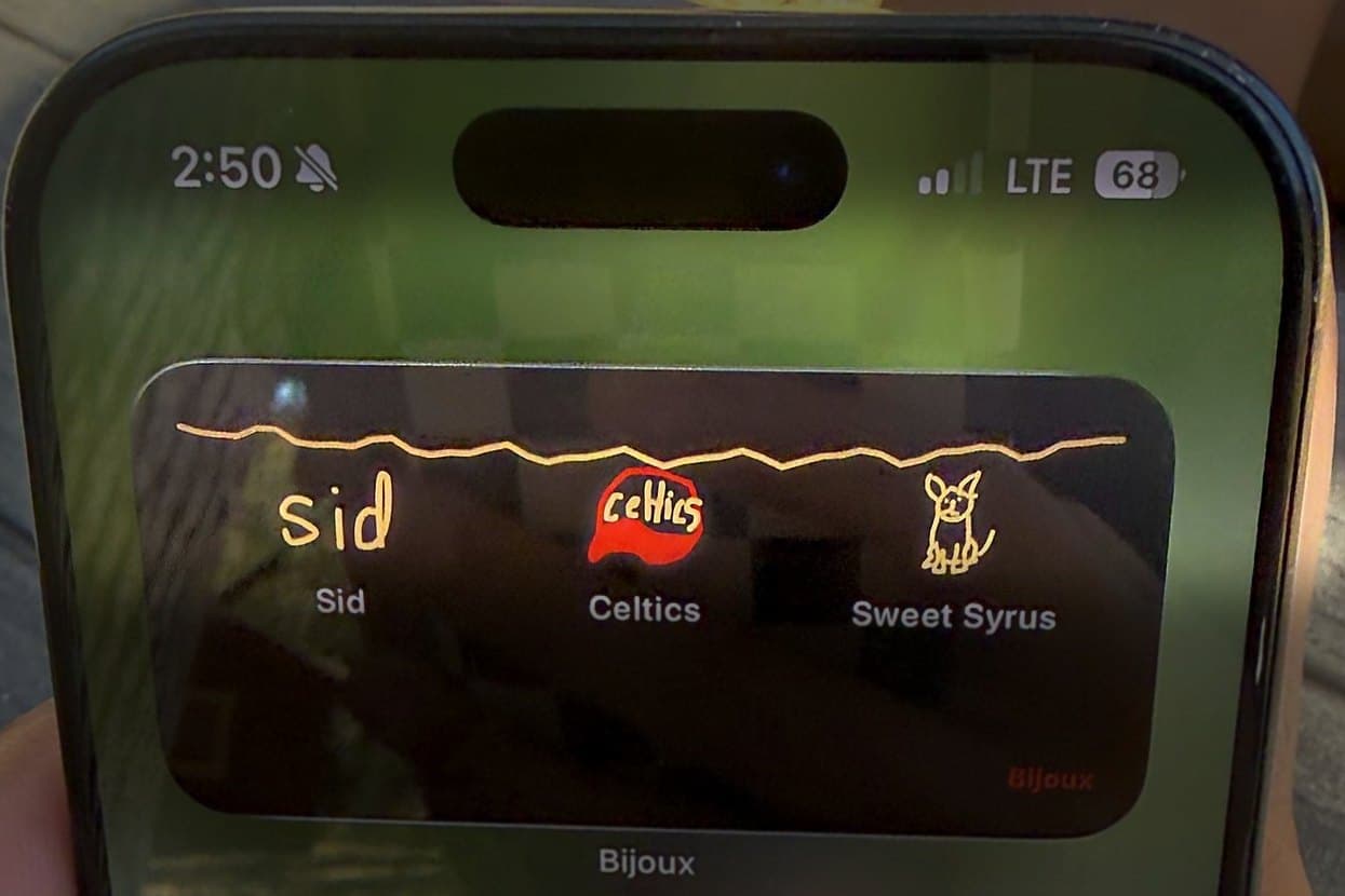 One phone, held in a hand: its island open on three hand-drawn charms, the name Sid in gold script, a Celtics crest, and a dog called Sweet Syrus