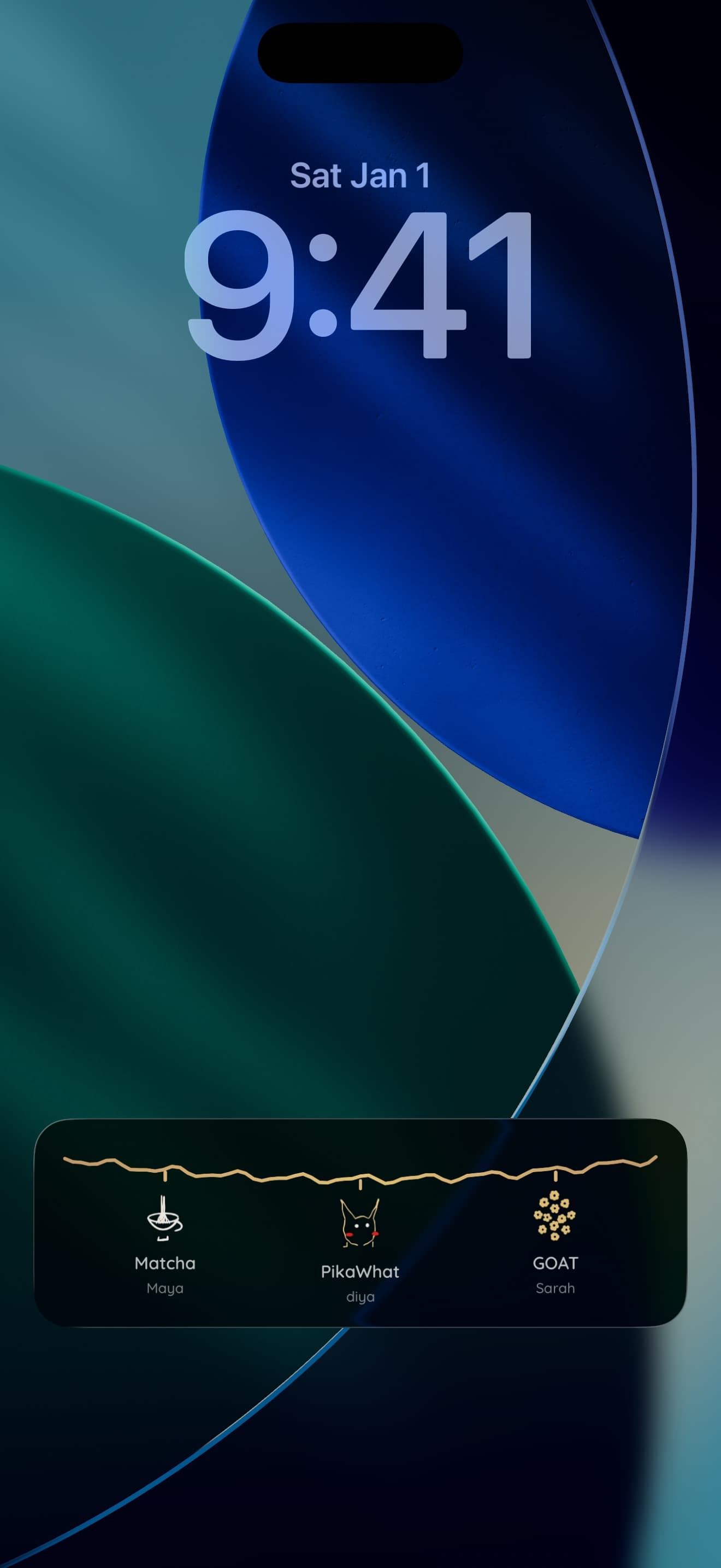 The lock screen with the bracelet as a Live Activity, each charm labeled with its giver