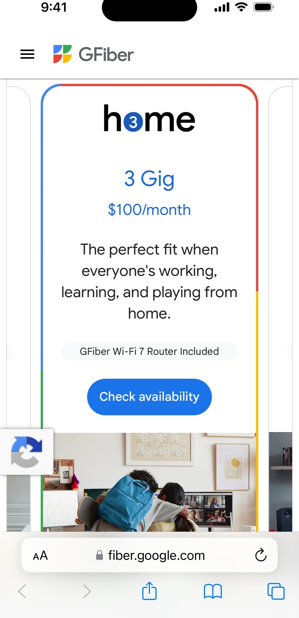 The home plan card live on fiber.google.com, on a phone