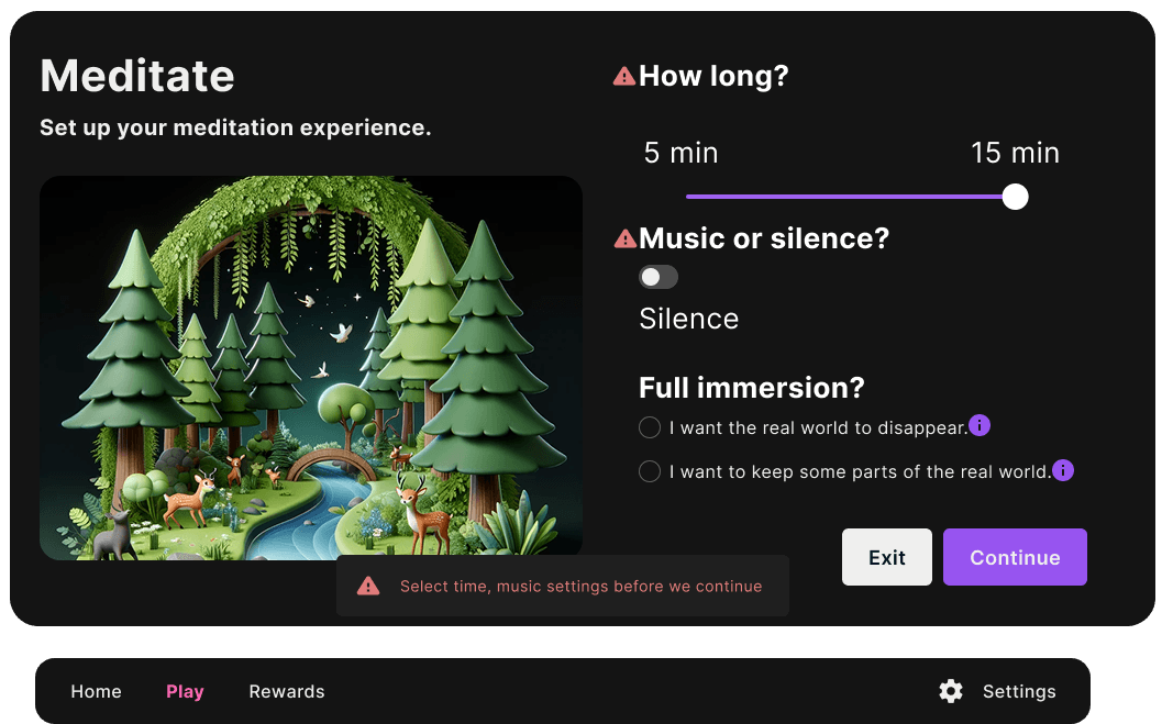 Meditate configuration screen design