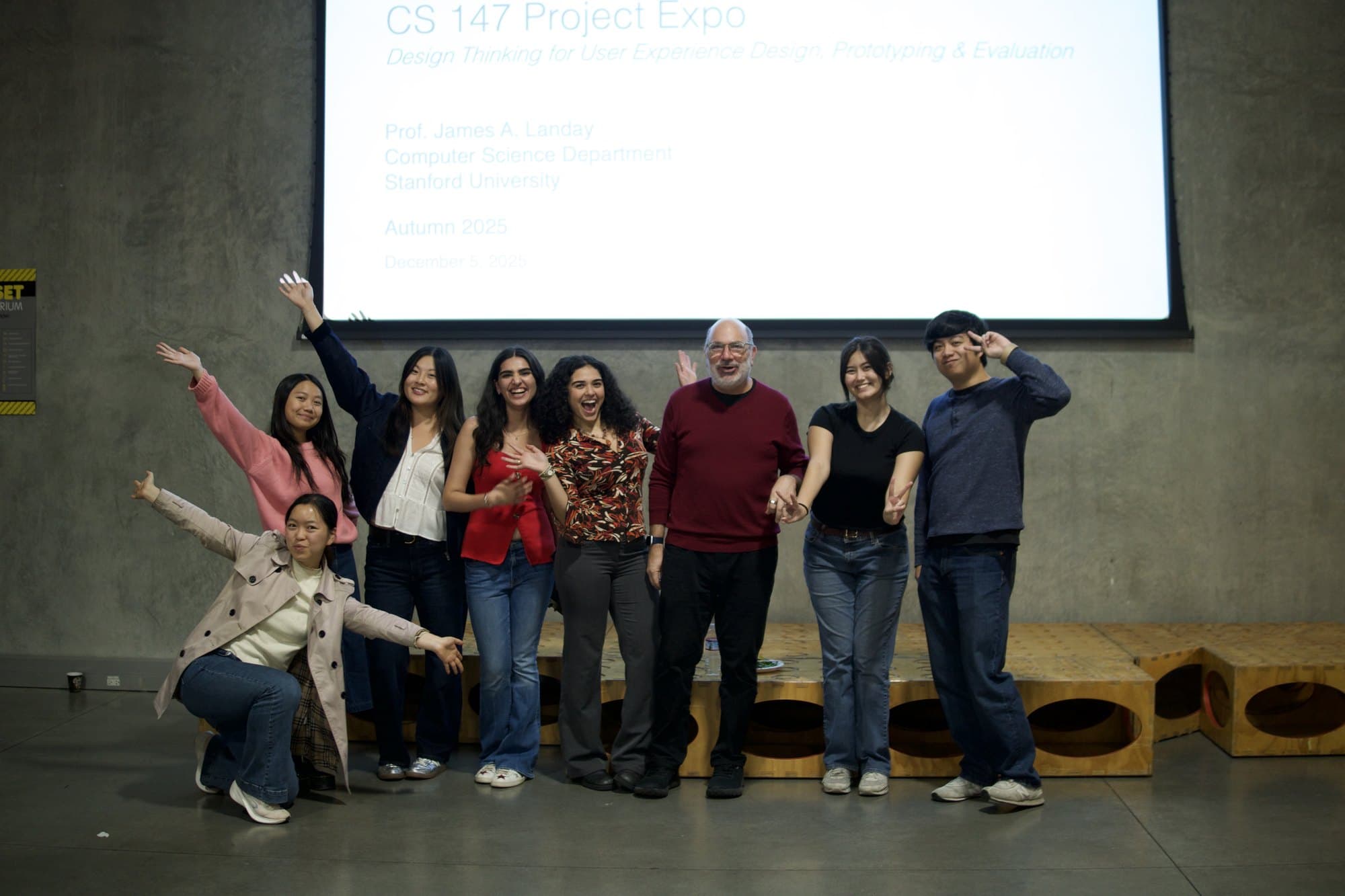 Diya's CS 147 teaching team and Professor James Landay at the project expo