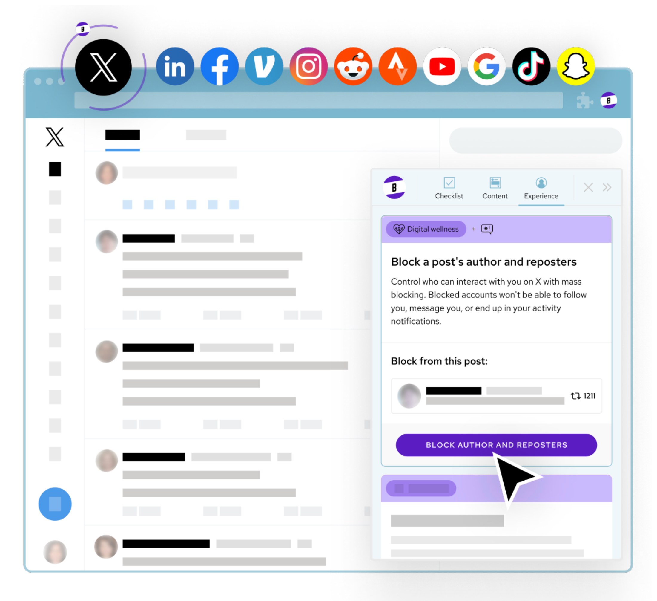 The Block Party browser extension open on X, showing a recommendation card in the side panel