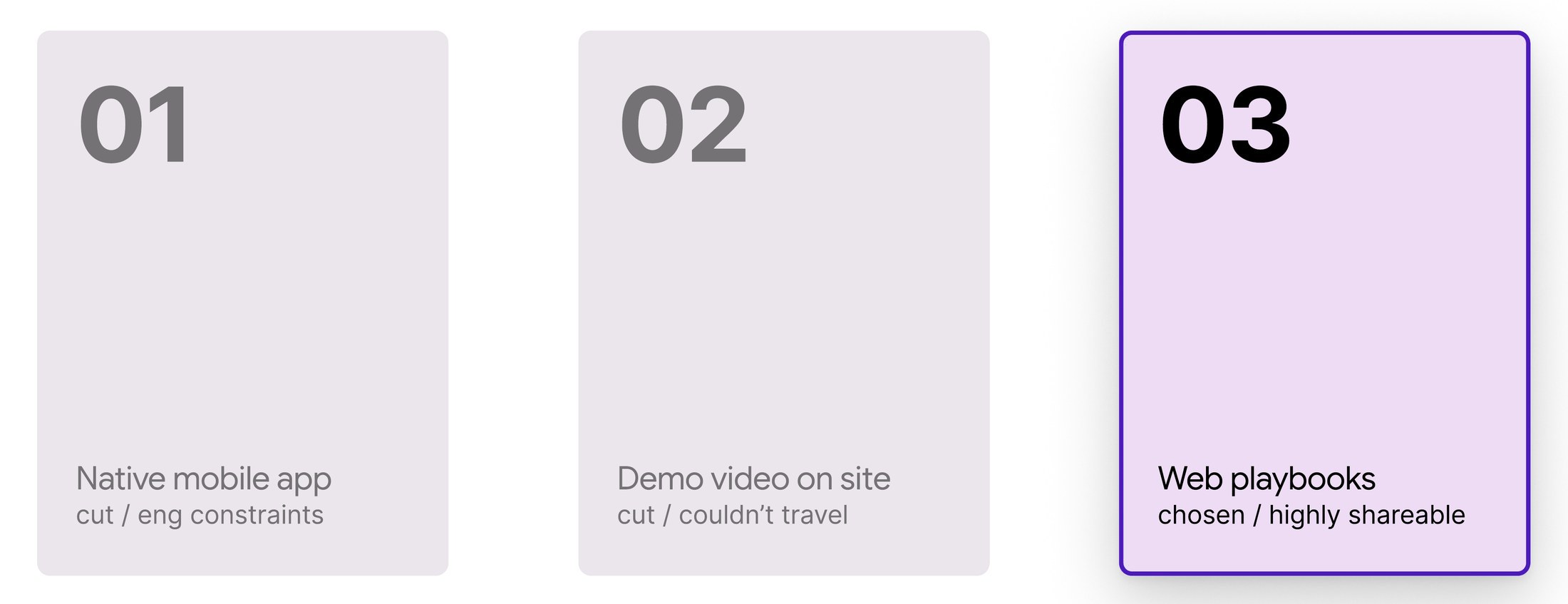 Three options considered: native mobile app, demo video, web playbooks